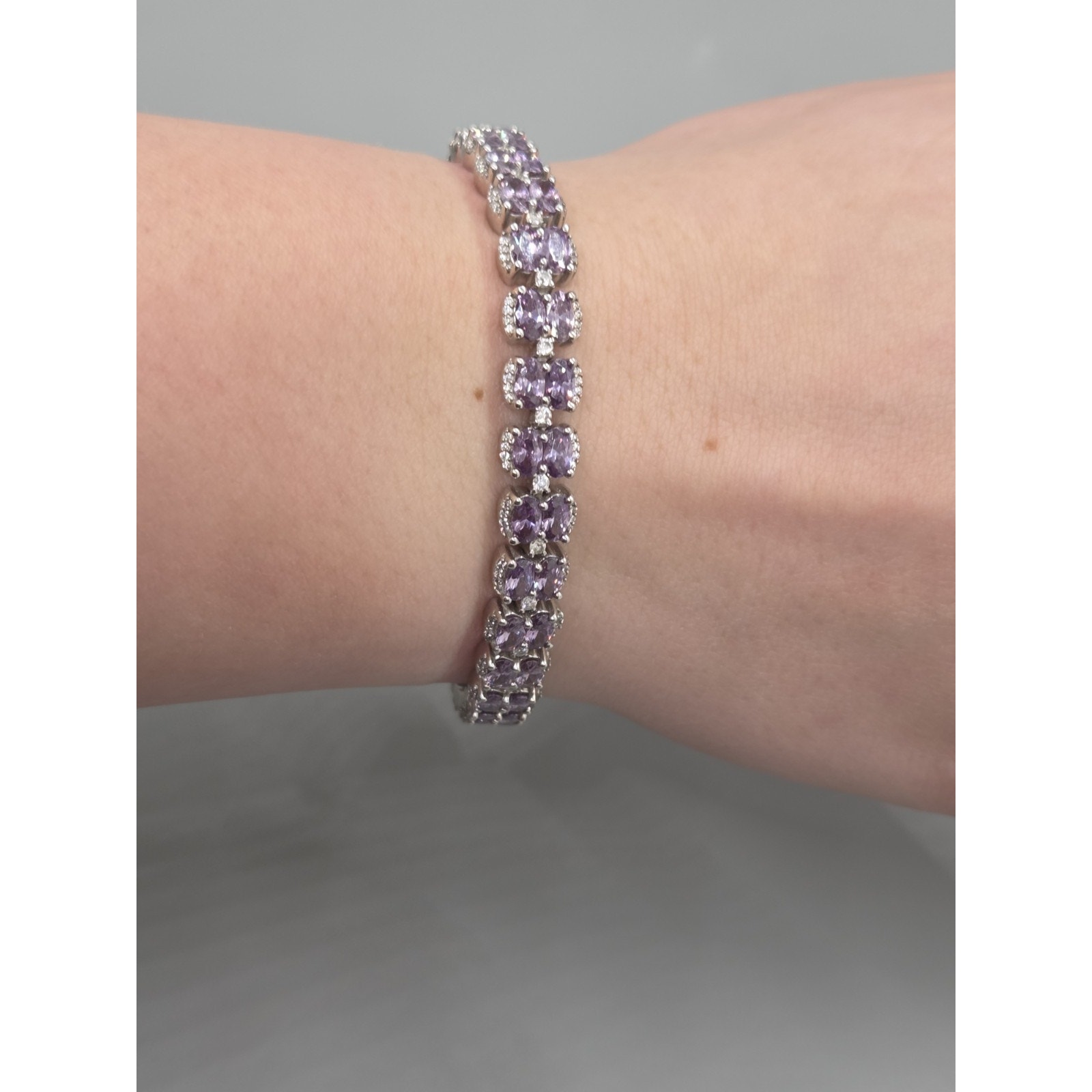 Simulated Amethyst & Sparkling White Cubic Zirconia Tennis 14k/925 Bracelet 7.5